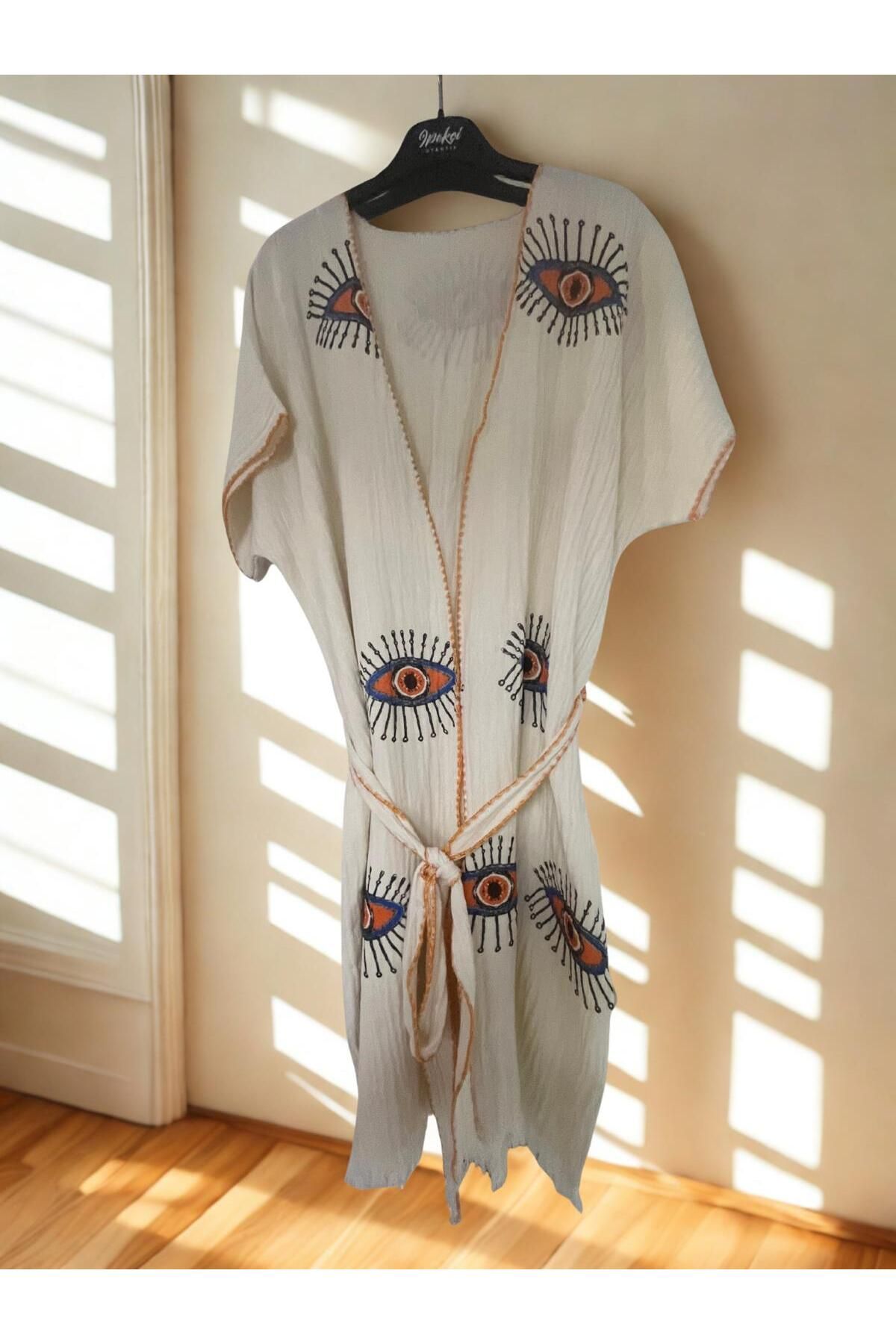 TekStilize Deniz Grubu Göz Desenli Kimono (%100 PAMUKLU)
