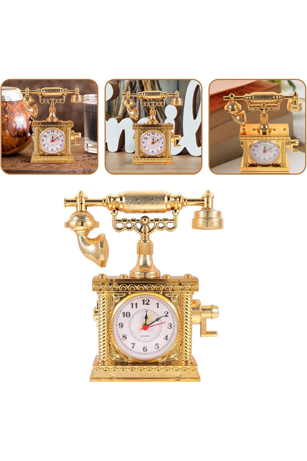 Fırsat7 Vintage Telefon Masa Saati Nostaljik Dekoratif Çalar Masa Saat Pilli GOLD Ve Gümüş Renkleriyle