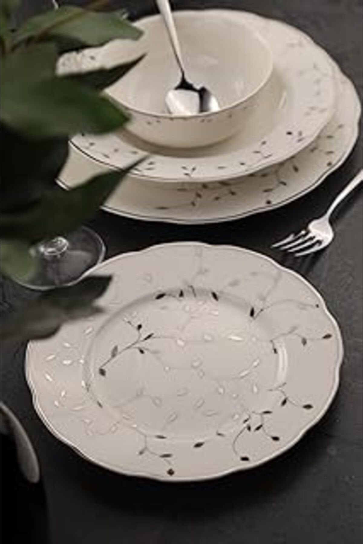 ASİTAN Porselen Bone Olympos 56 Parça 12 Kişilik Yemek Takımı Leaves Silver