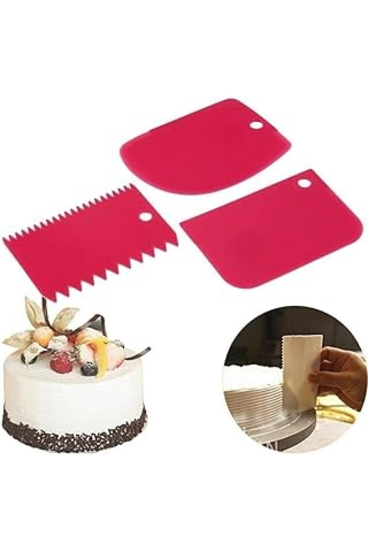 Mu Art Ahşap 3 Parça Plastik Pasta Hamur Krema Şekillendirici Kesici Kazıyıcı Dekoratör Spatula Set