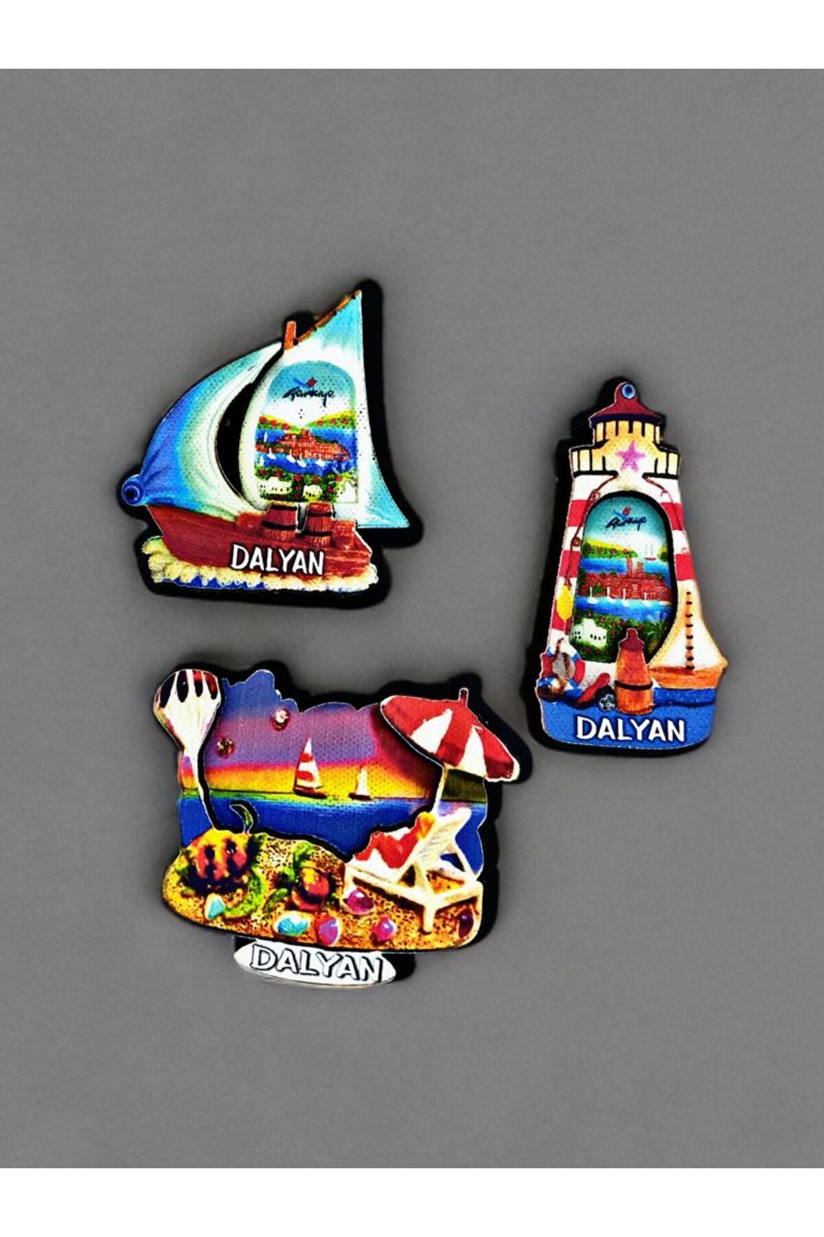 Home DALYAN Temalı 3 lü Set Ahşap 3 Boyutlu Magnet. Mat Renkler ve Eskitme.