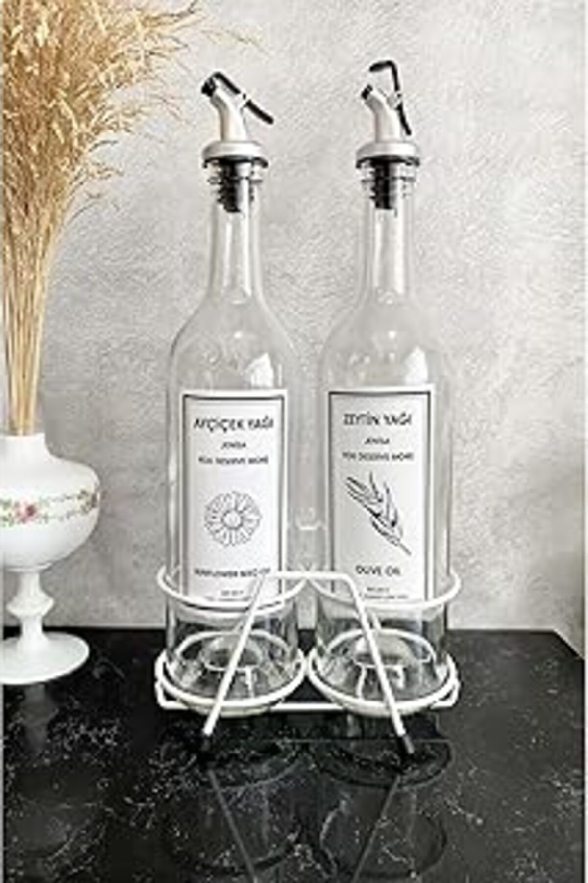 ASİTAN Jenisa Beyaz Standlı Akıtıcılı Şeffaf 750 Ml Beyaz Etiketli Yağlık Yağdanlık