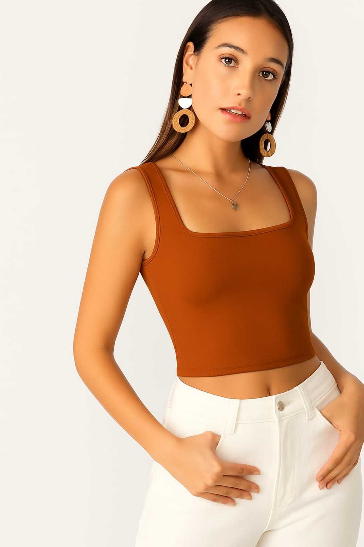 By Kul Design KADIN KARE YAKA LİKRALI JARSE CROP TOP
