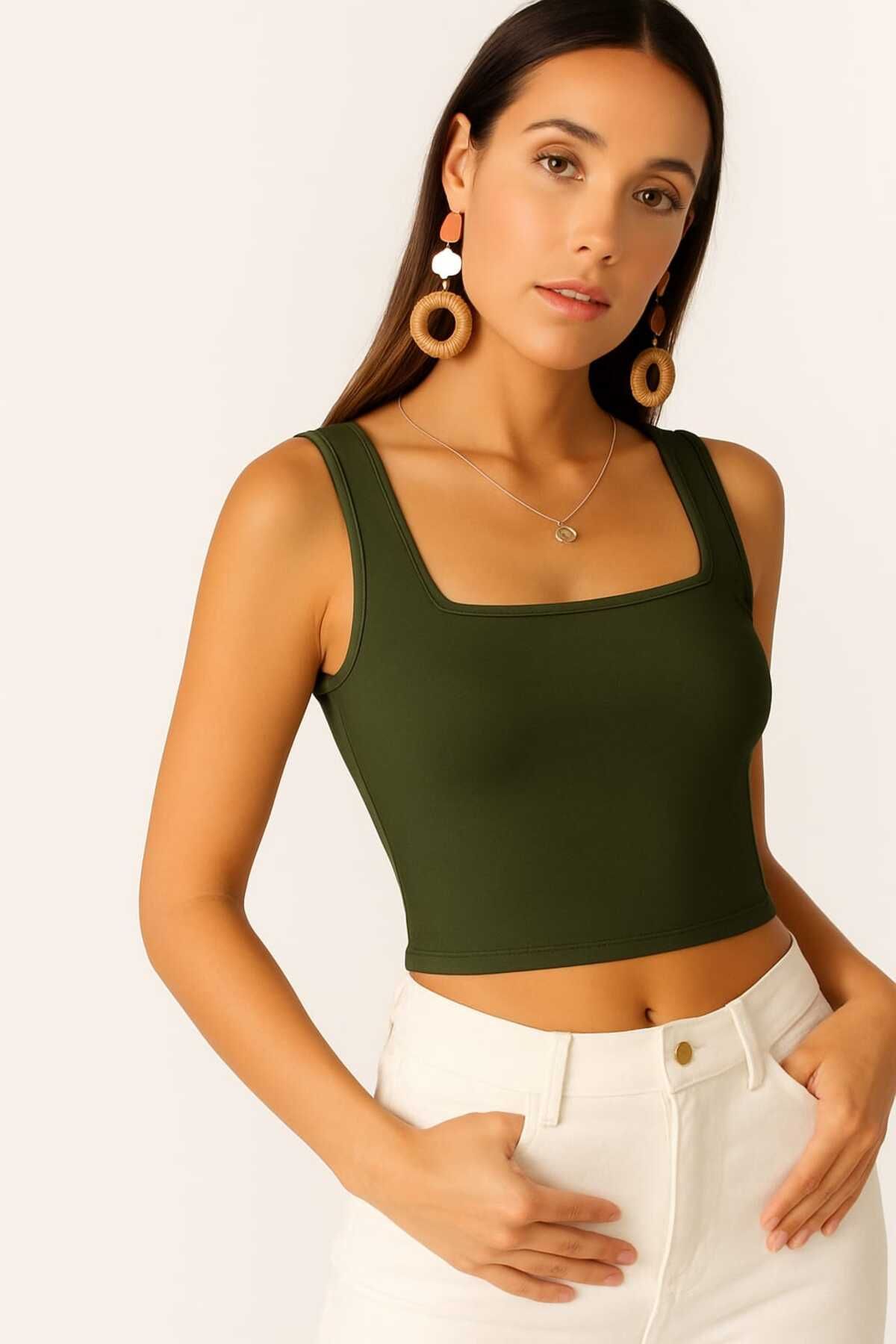 By Kul Design KADIN KARE YAKA LİKRALI JARSE CROP TOP