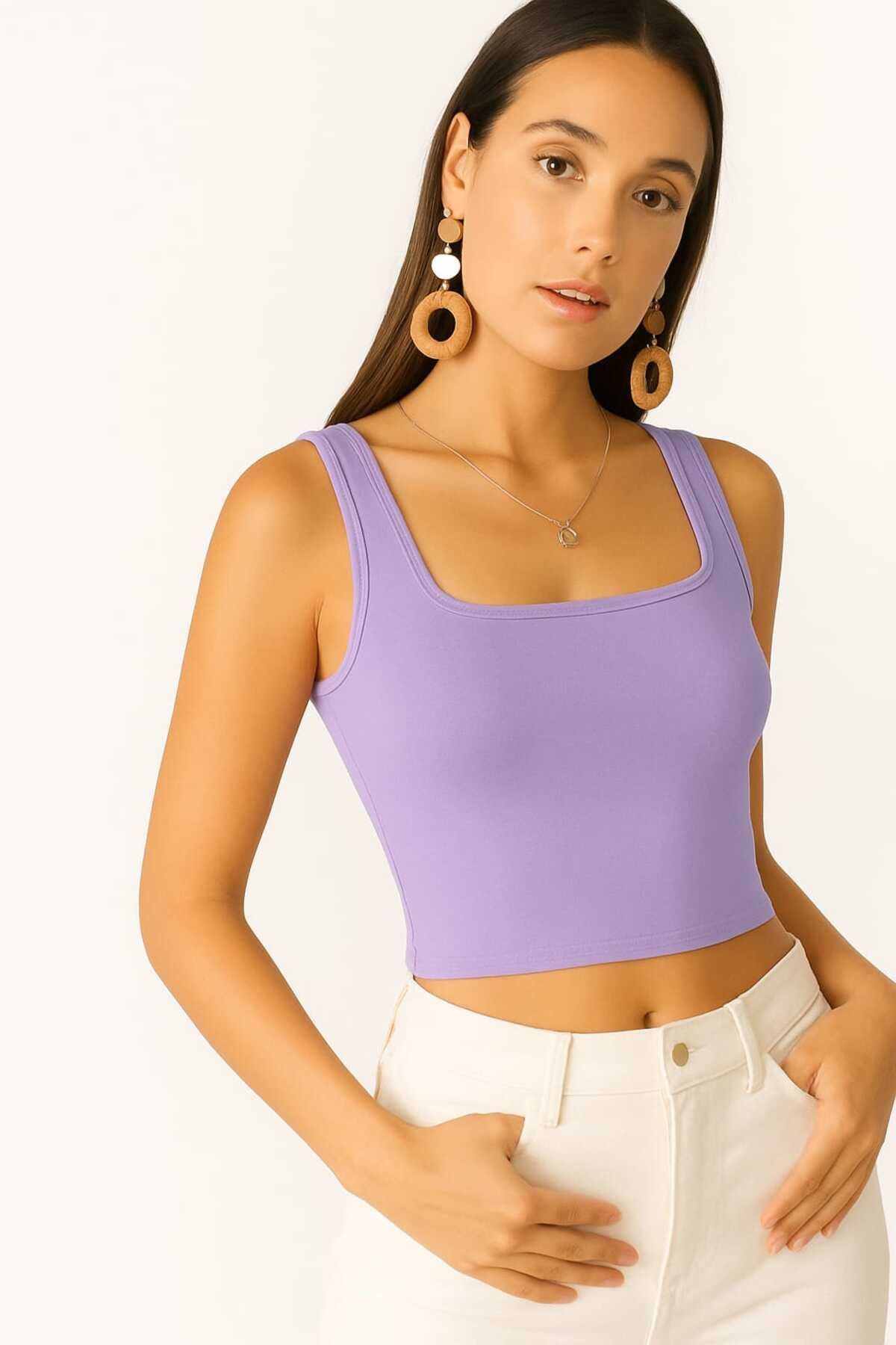 By Kul Design KADIN KARE YAKA LİKRALI JARSE CROP TOP