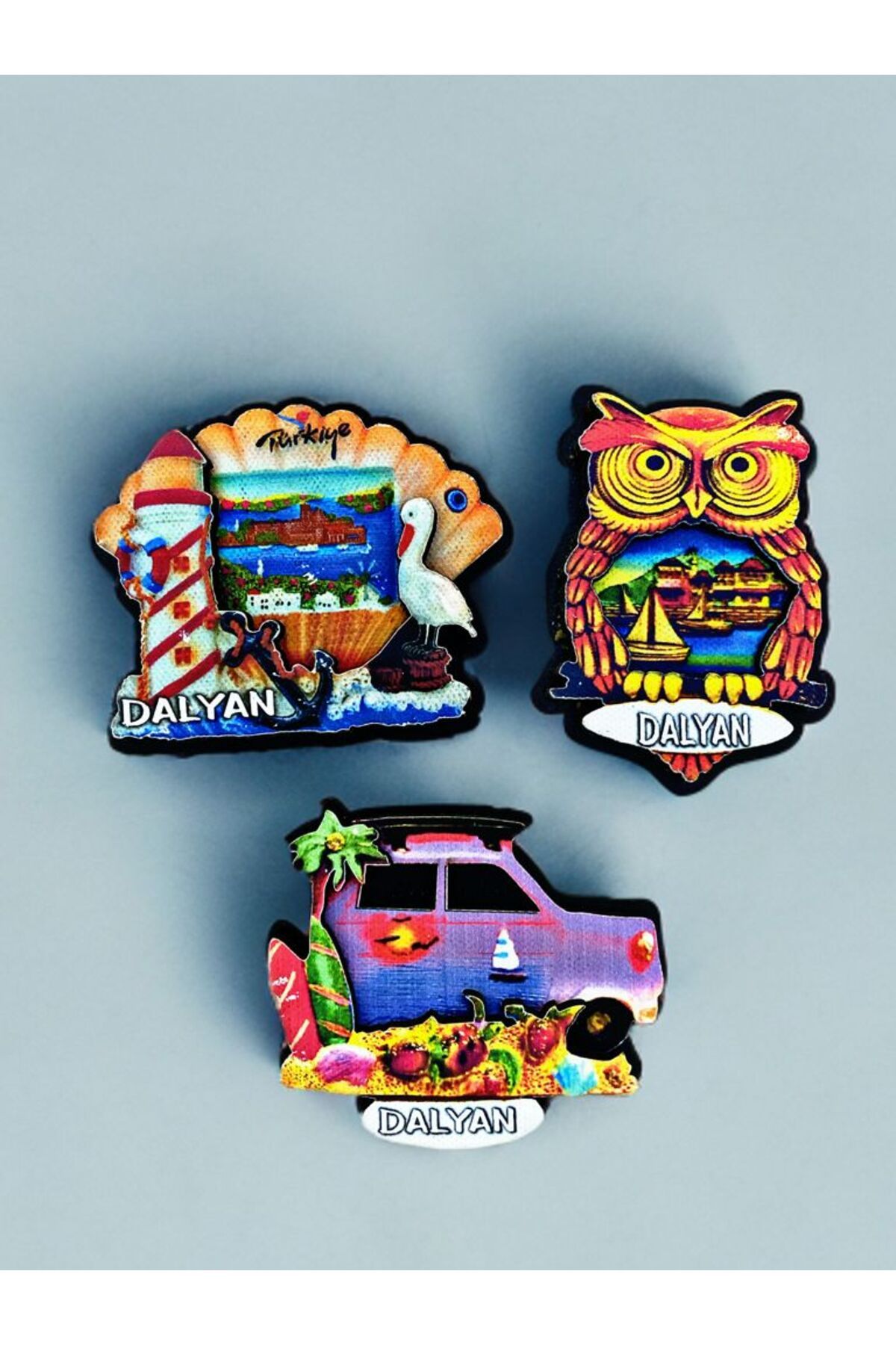 Home DALYAN Temalı 3 lü Set Ahşap 3 Boyutlu Magnet. Mat Renkler ve Eskitme.