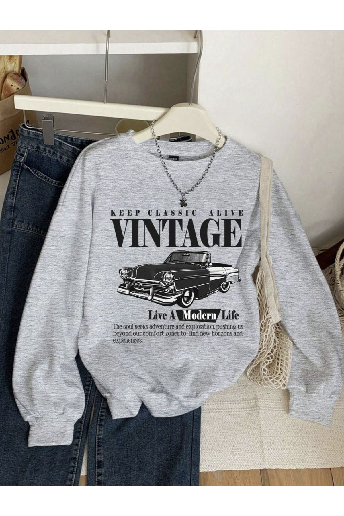 COHERENT Unisex Kadın/Erkek VINTAGE Özel Renkli Oversize Bisiklet Yaka Pamuklu Sweatshirt