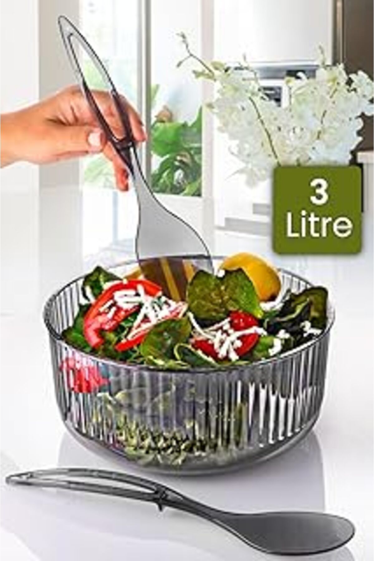 ASİTAN Akrilik Yuvarlak Kaşıklı Salata Kasesi 23 Cm Servis Sunum Tabağı Antrasit