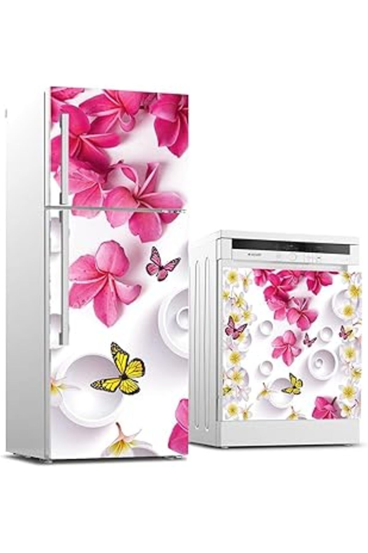 Mu Art Ahşap Buzdolabı Ve Bulaşık Makinası Beyaz Eşya Sticker Kaplama Pembe Çiçek Kelebek
