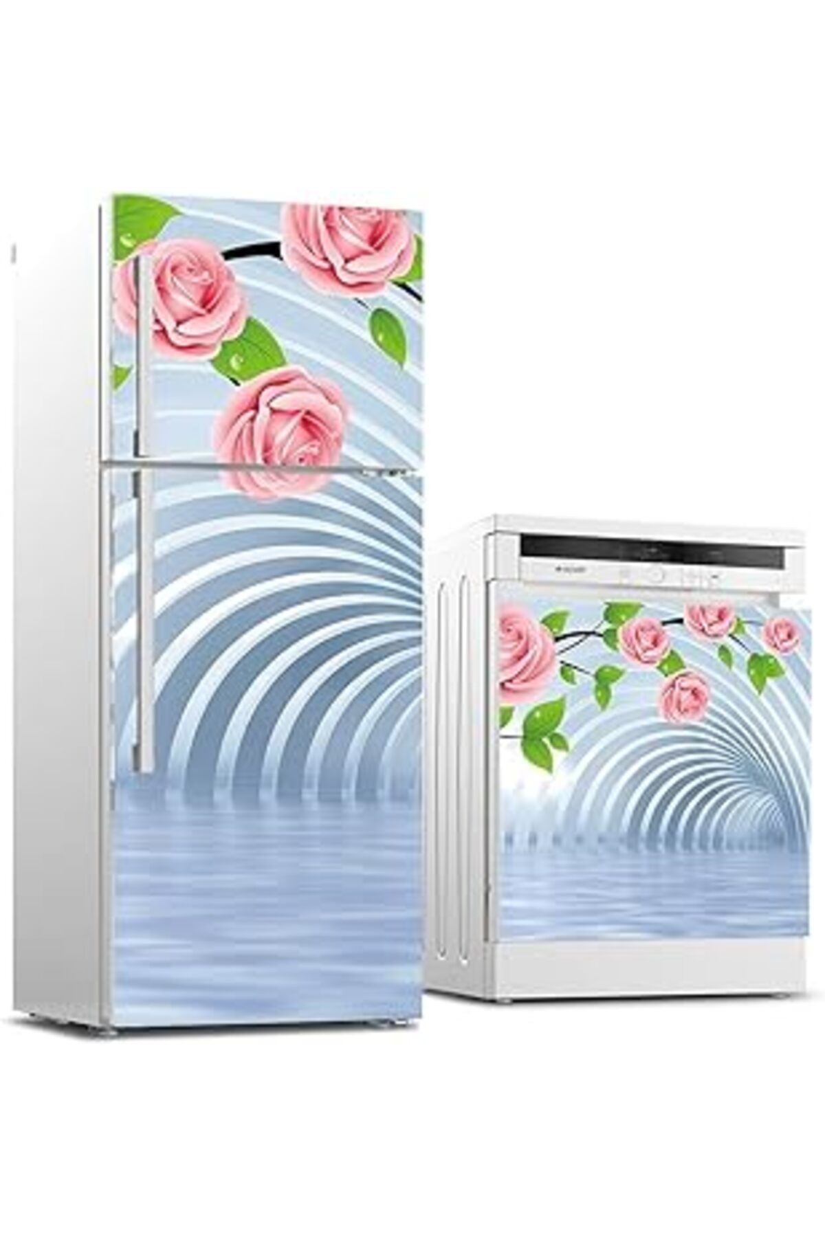 Mu Art Ahşap Buzdolabı Ve Bulaşık Makinası Beyaz Eşya Sticker Kaplama 3D Tünel Pembe Gül