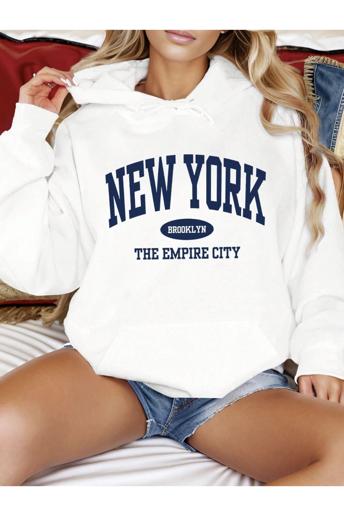 COHERENT Unisex Erkek/Kadın NEWYORK Renkli Özel Baskılı Pamuklu Oversize Kapüşonlu Sweatshirt