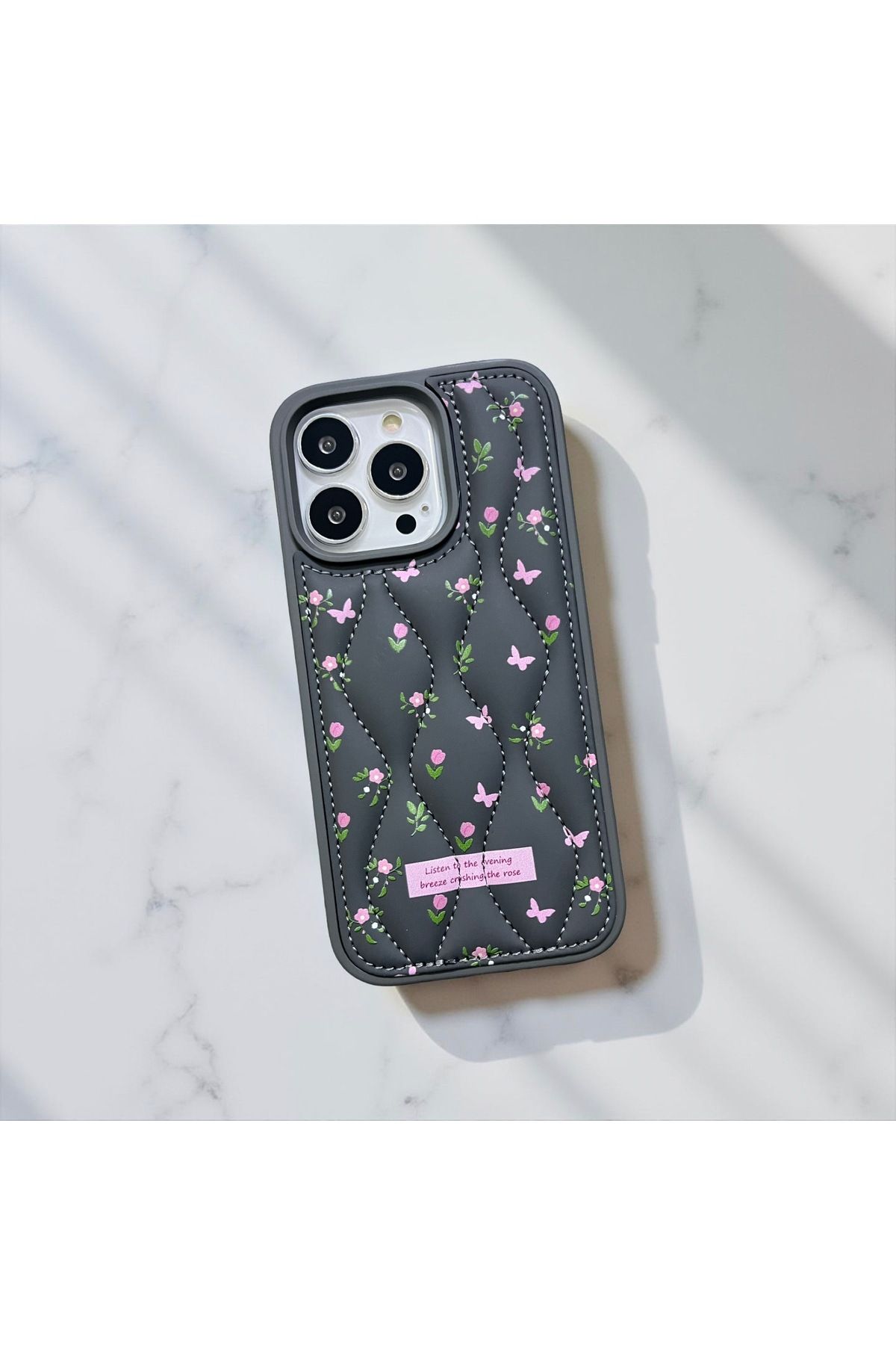 HYPERSOFT Iphone 15 Pro Uyumlu Kapitone Çiçek Desenli Puf Kılıf Özel Kutulu