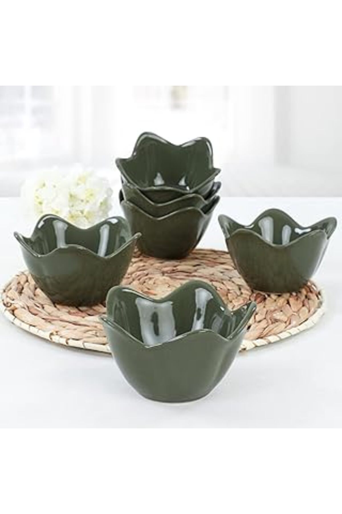 Mu Art Ahşap Keramika Koyu Yeşil Zambak Çerezlik 12 Cm 6 Adet