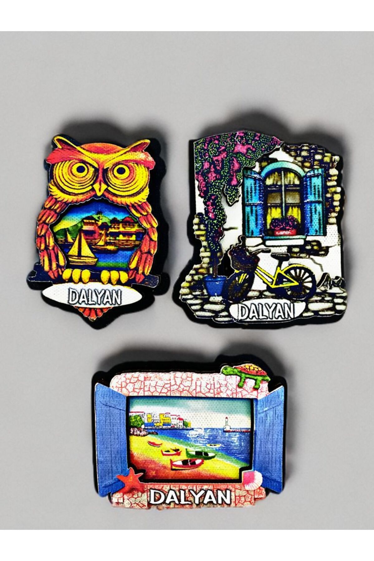 Home DALYAN Temalı 3 lü Set Ahşap 3 Boyutlu Magnet. Mat Renkler ve Eskitme.