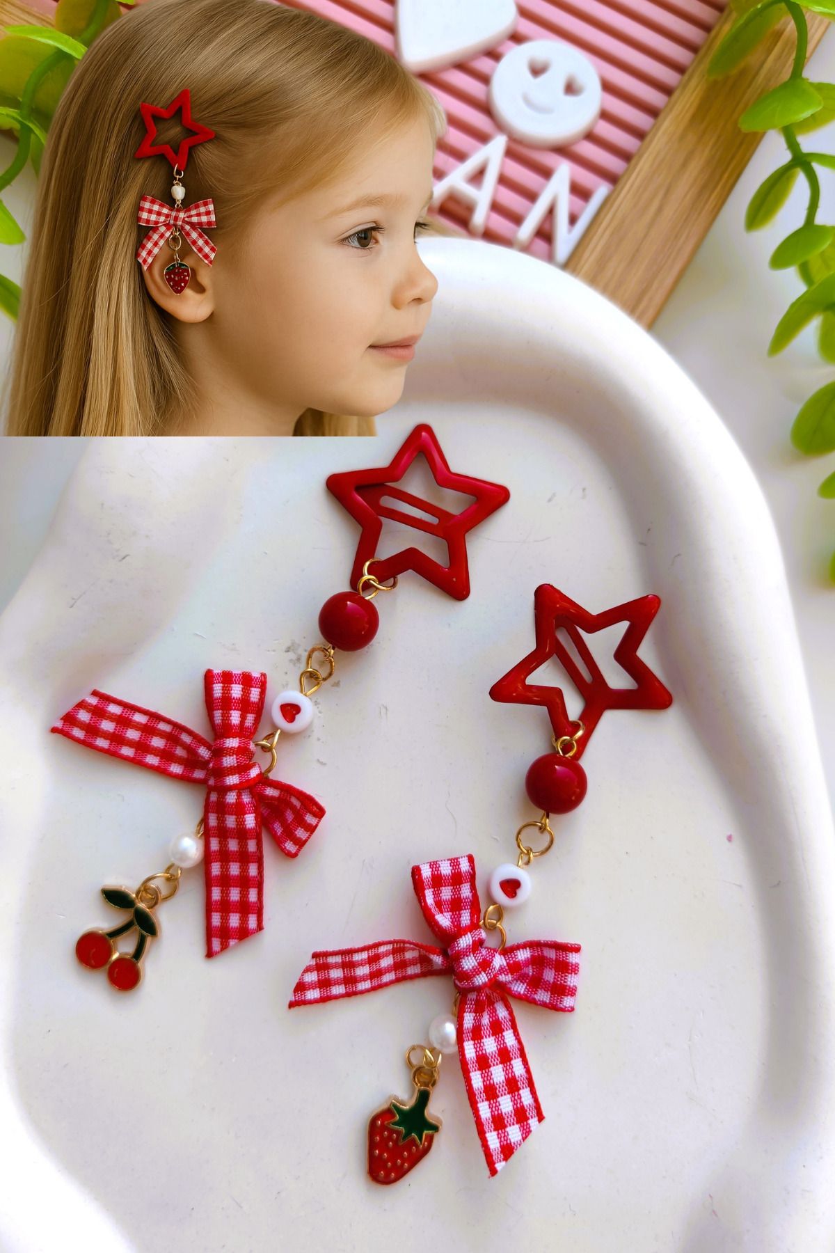 Nisankids Kiraz ve Çilek Sallantılı Kırmızı Yıldız Çıtçıt Toka 2 Adet