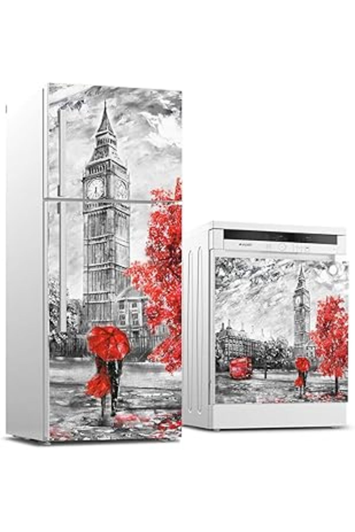 Qedii Buzdolabı Ve Bulaşık Makinası Beyaz Eşya Sticker Kaplama Saat Kulesi Yağlıboya