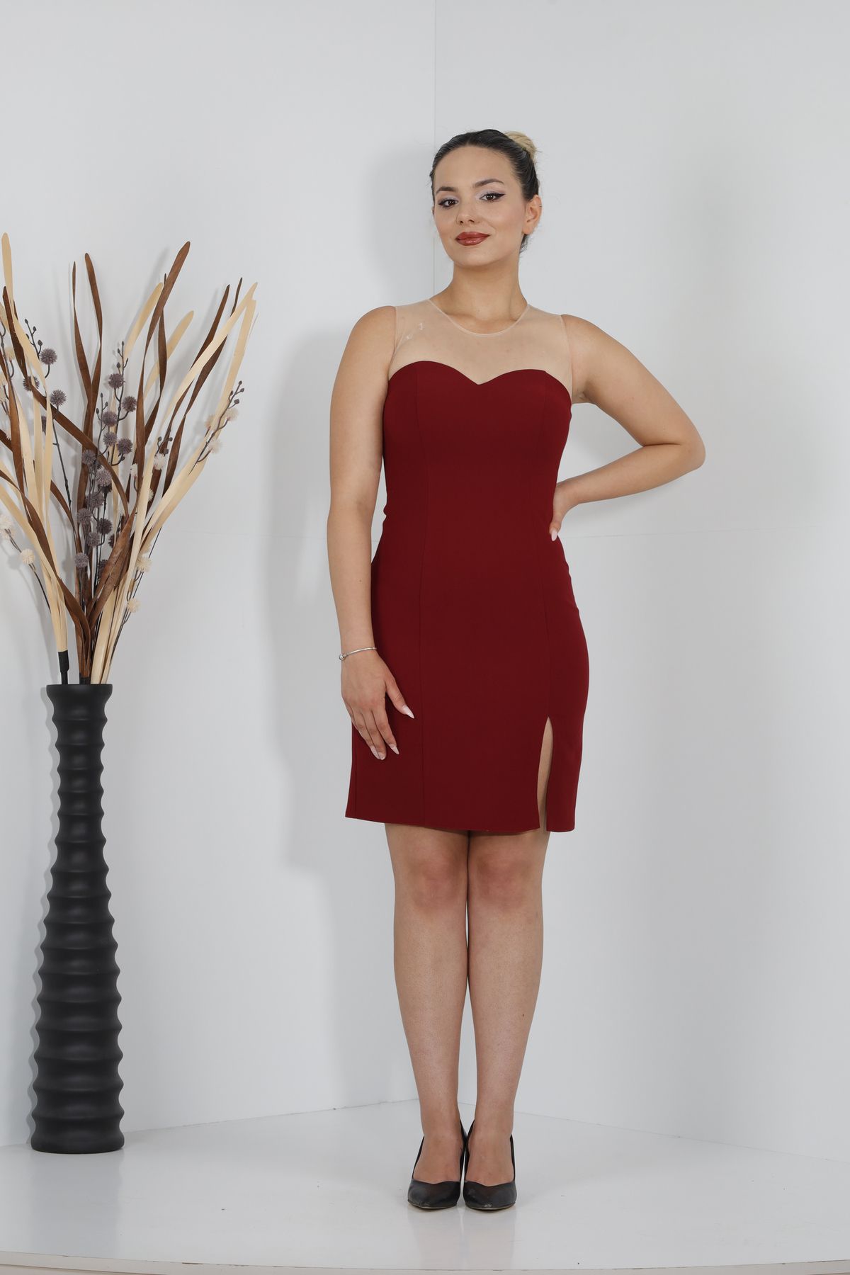 JEWEL DRESS YIRTMAÇLI STRAPLEZ MİNİ KREP ABİYE