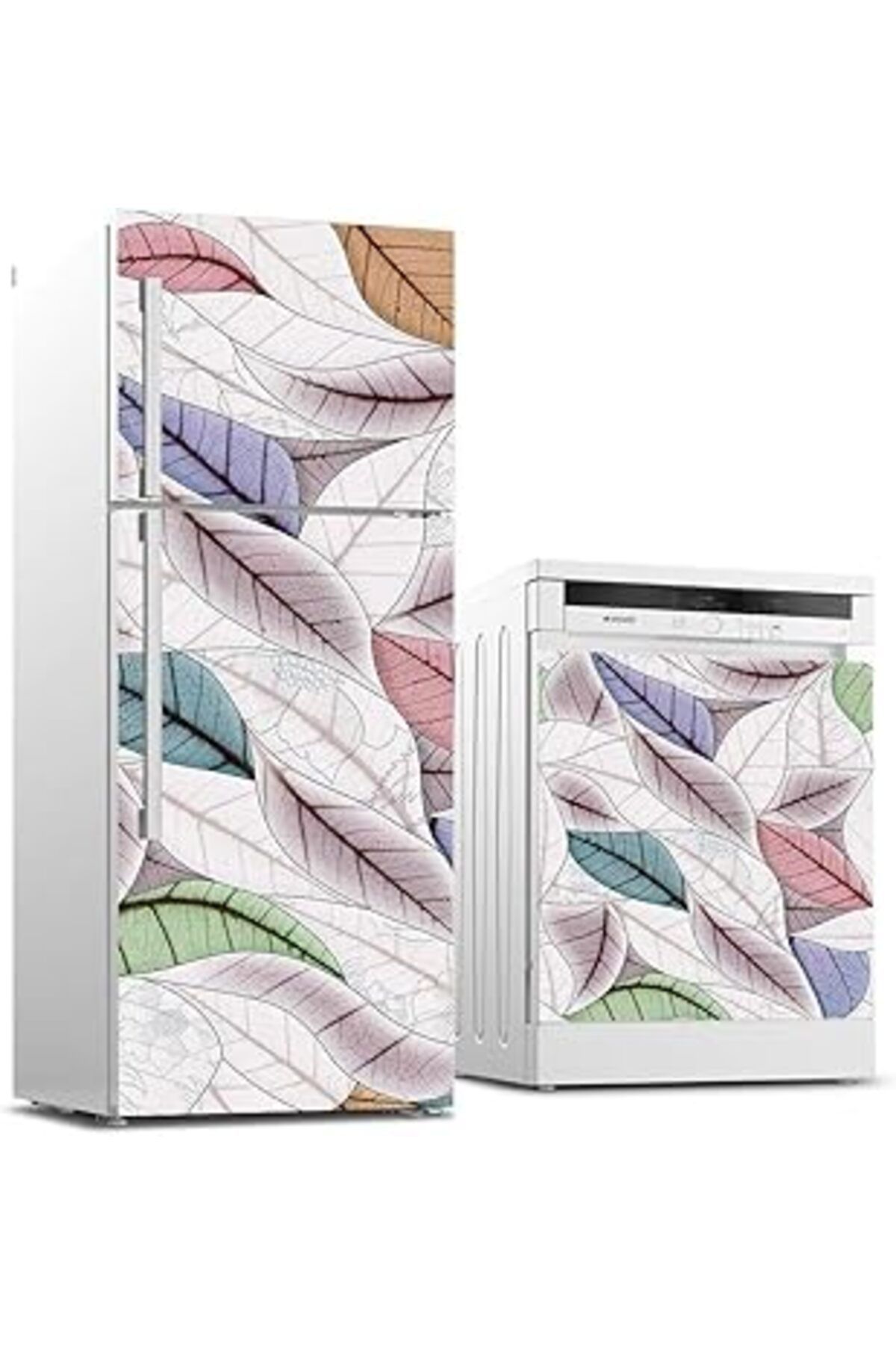 Mu Art Ahşap Buzdolabı Ve Bulaşık Makinası Beyaz Eşya Sticker Kaplama Yapraklar