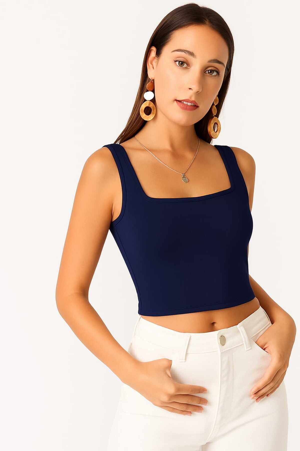 By Kul Design KADIN KARE YAKA LİKRALI JARSE CROP TOP