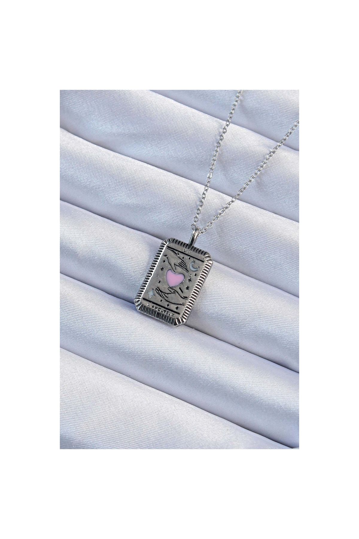 maarketim 316L Çelik Zincir Eskitme Gümüş Renk Pembe Mineli Kalp Figürlü Tarot Kolye