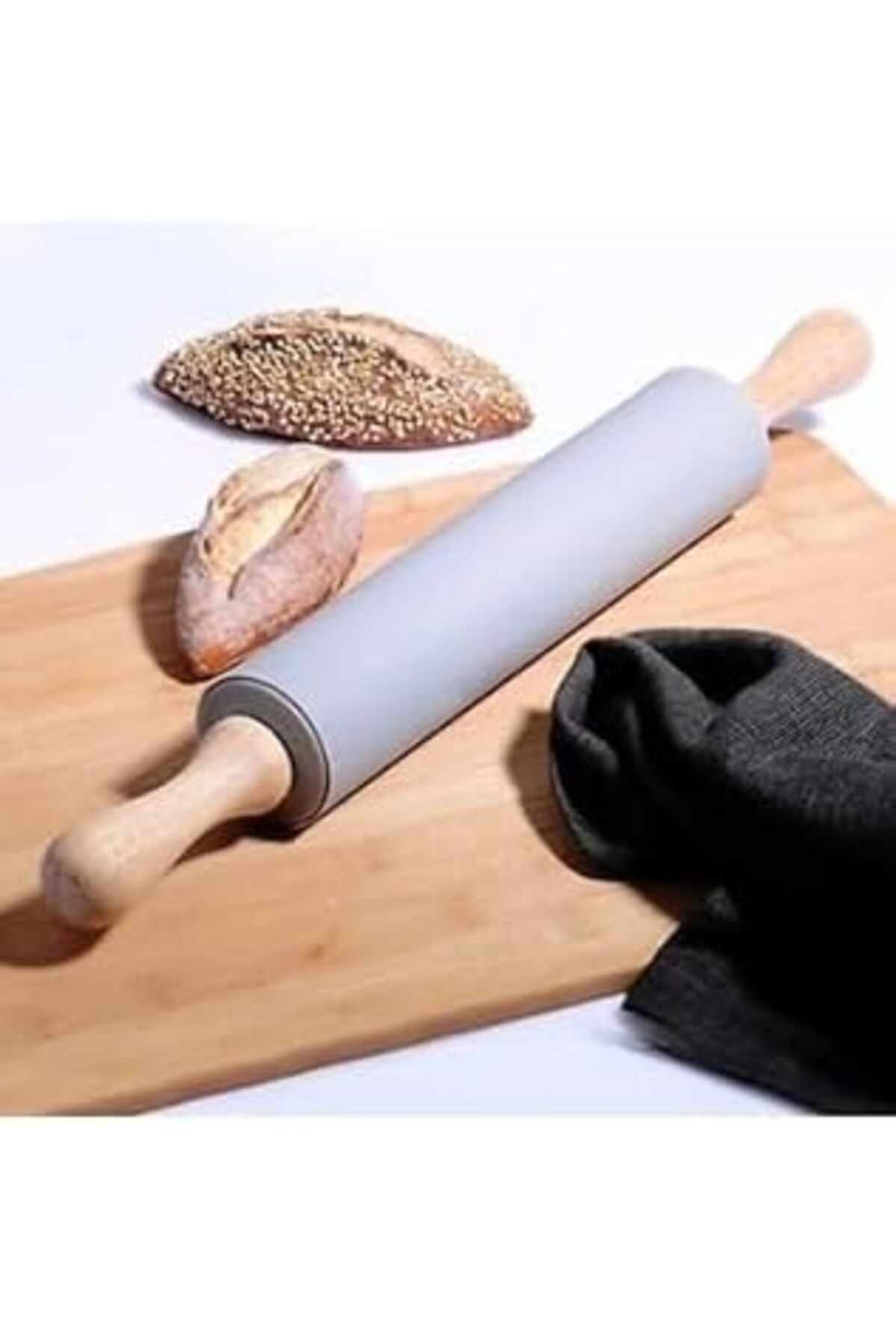 Mu Art Ahşap Orret Home Ahşap Saplı Silikon Merdane,Dönerli Merdane,Hamur Merdanesi,Pizza Ve Börek Hamuru Açmak