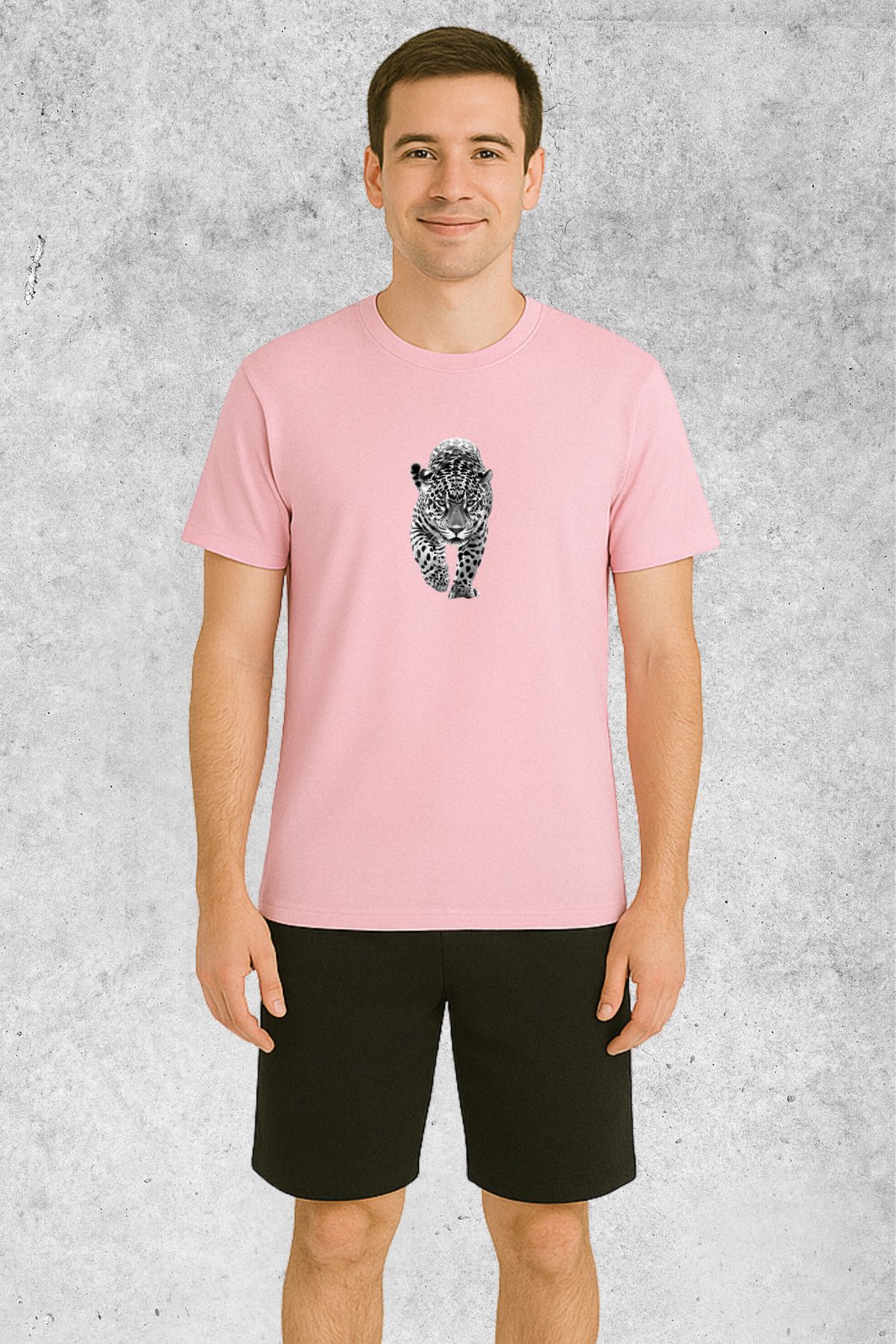 MOLICO Basic unisex sıfır yaka kısa kollu LEOPAR Baskılı TSHİRT