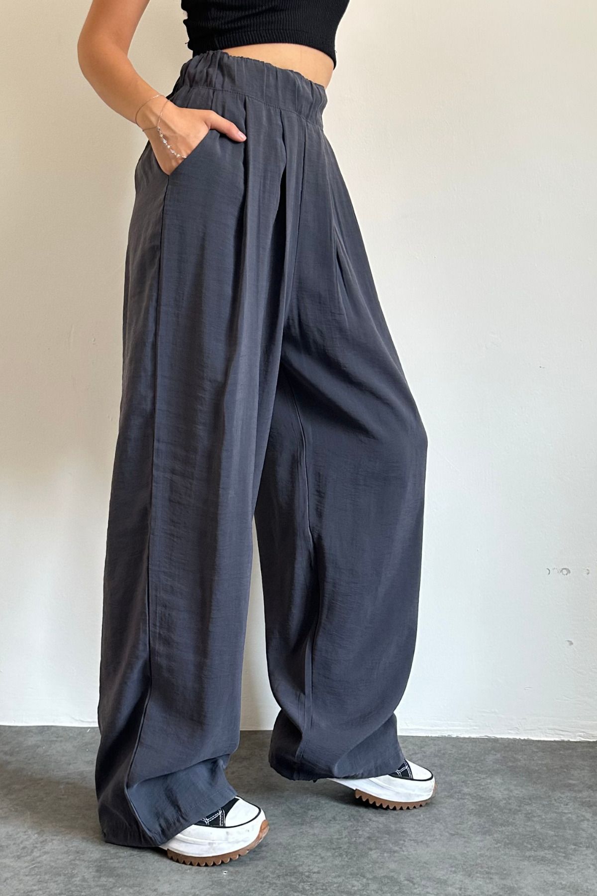 adba style Beli Lastikli Paraşüt Kumaş Bol Kesim Palazzo Kadın Pantolon 4017