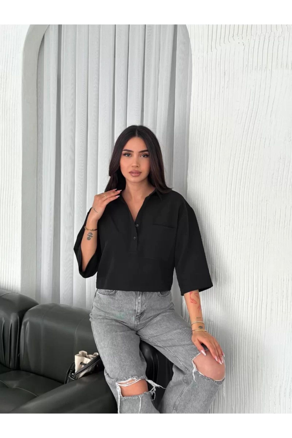 ruum fashions Z Krep Kadın Crop Yakalı Gömlek İlik Düğmeli Üç Çeyrek Sleeve Kol