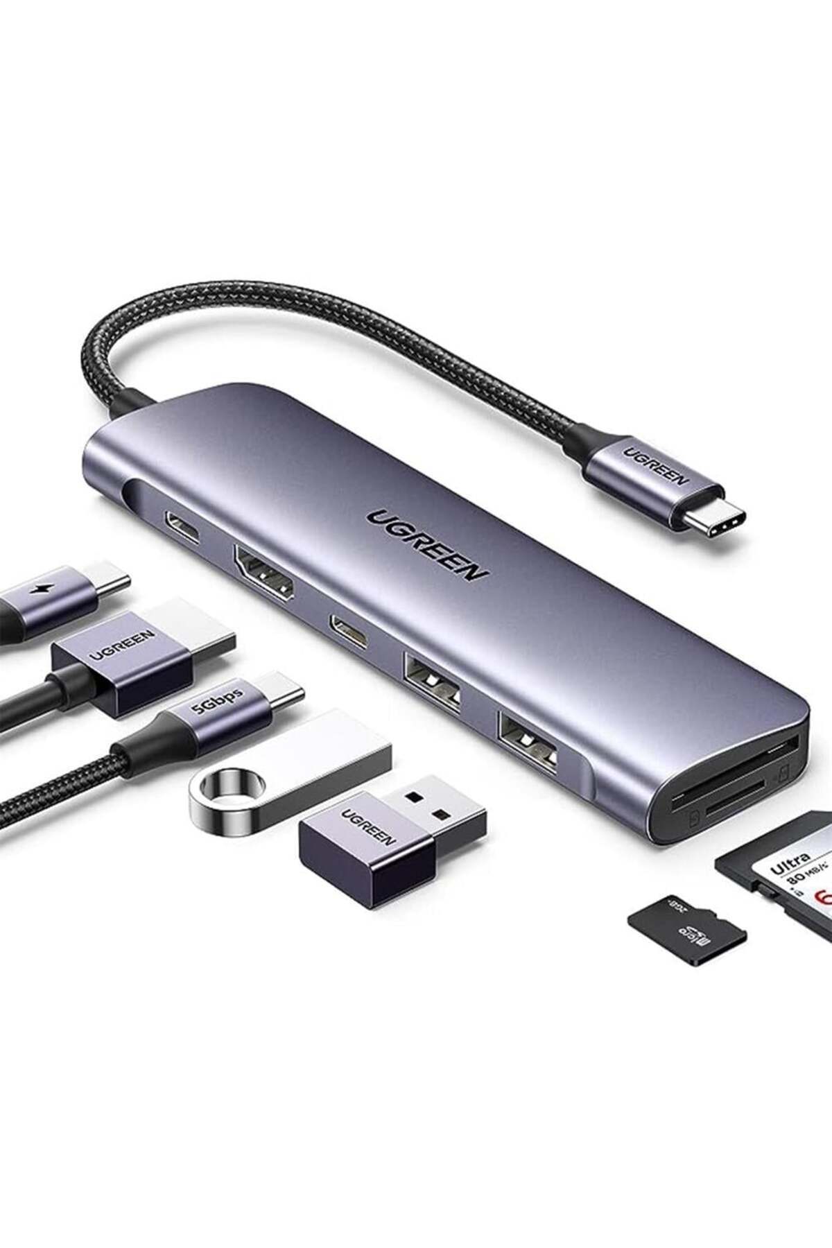 Ugreen-| محول USB-C إلى HDMI+2*USB 3.0 A+ USB-C+SD/TF+PD |رمادي 1