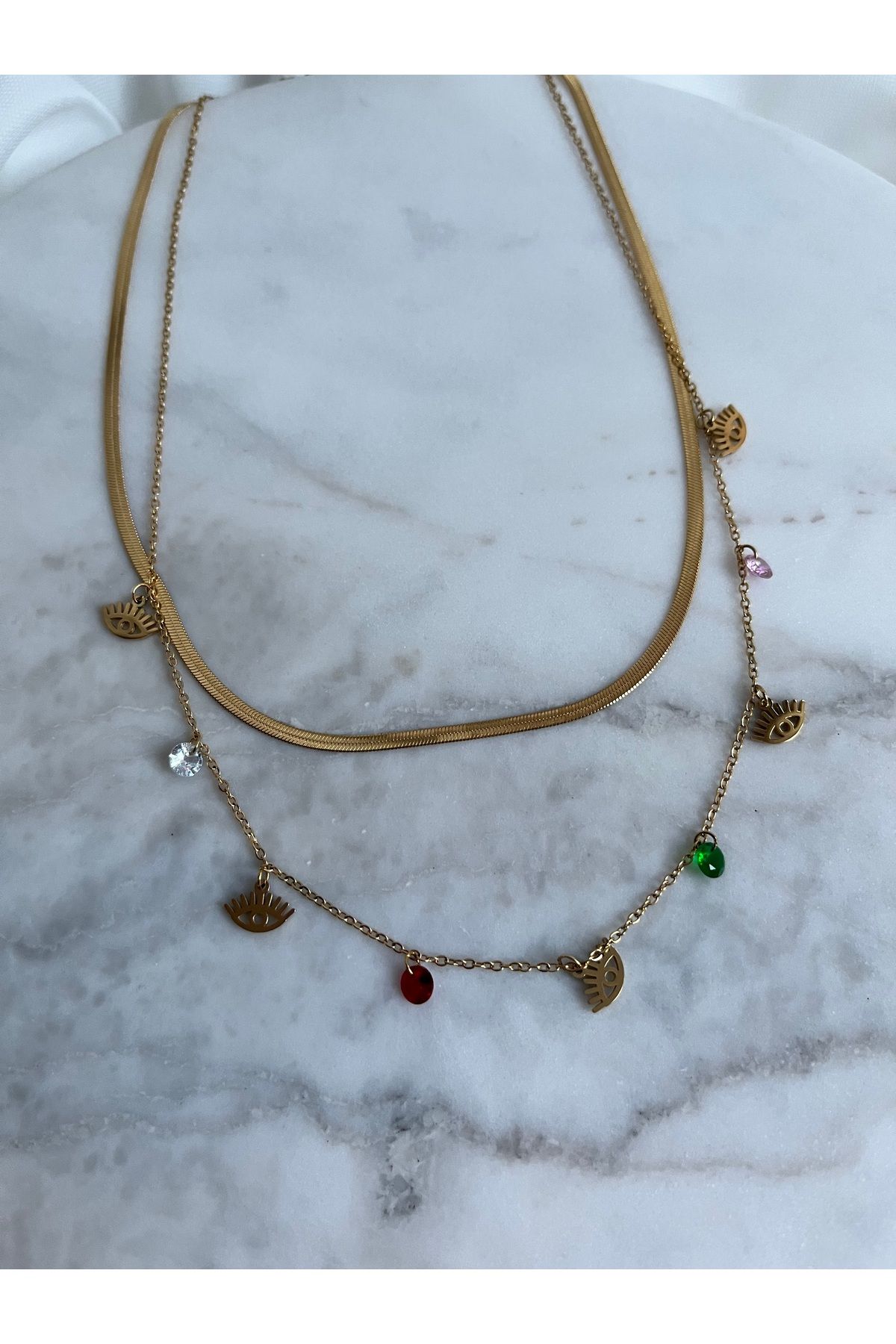 AKSESUARIM Göz Figürlü Renkli Taş Detaylı Çift Sıra Gold Çelik Kolye – Mira Belle Bijoux