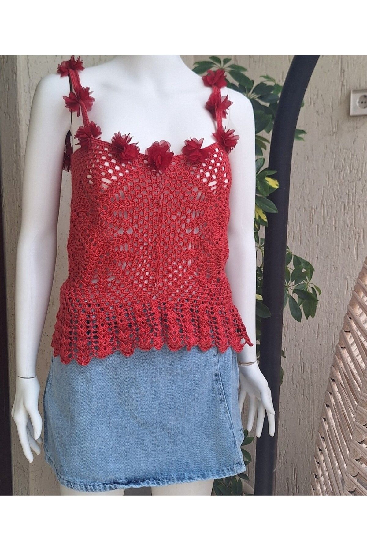 Butik KADIN PEMBE RENK EL ÖRGÜSÜ HAND MADE ASKILI YAZLIK BLUZ
