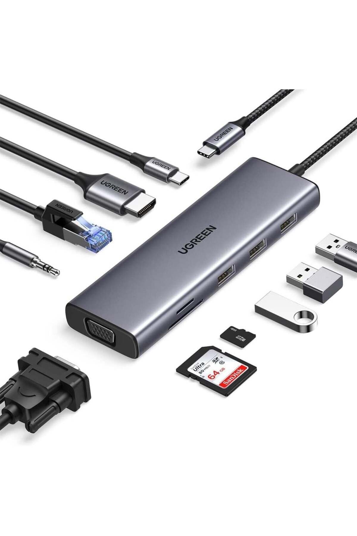 Ugreen 15601 CM498 10 in 1 Type-C HDMI VGA Ethernet Aux SD TF Kart Okuyucu
