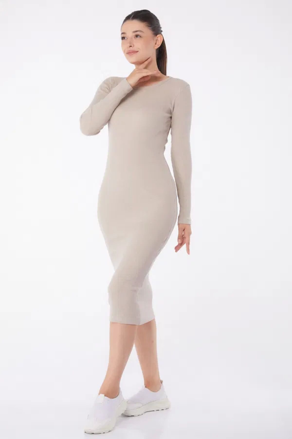 ETİLER COLLECTION Düz Bisiklet Yaka Kadın Midi Elbise