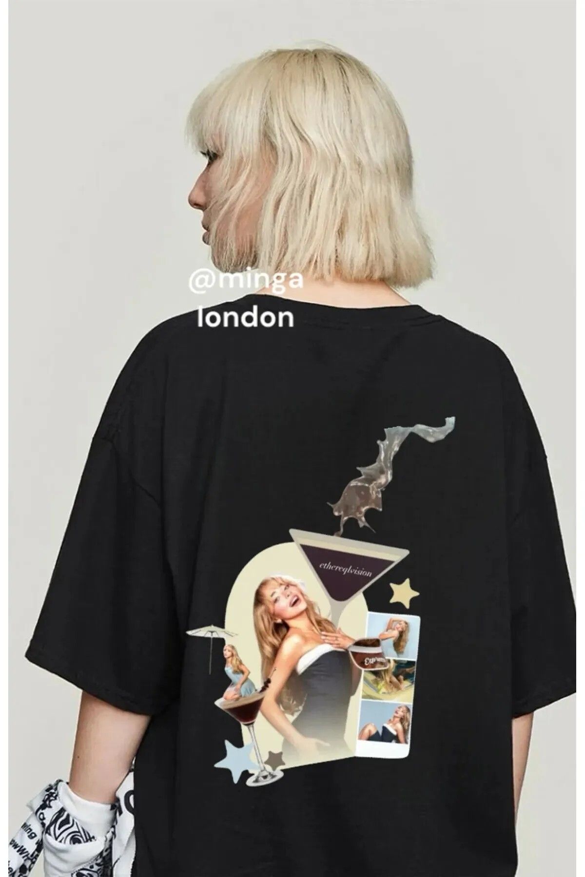 DEEFWEAR Siyah Sabrina Carpenter Espresso Ön/Arka Baskılı Oversize Unisex T-shirt