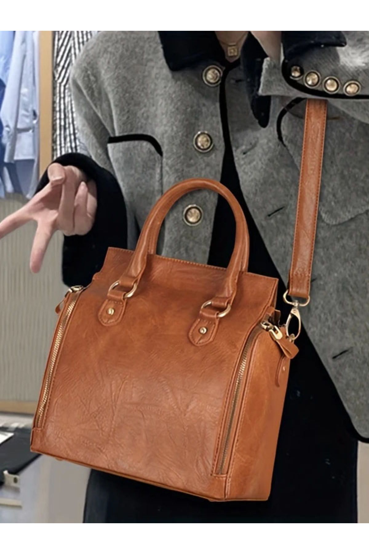 ÇANTA Vintage Tote Omuz Askılı, Çok Bölmeli Omuz Çantası Büyük Kapasiteli Açık Kahverengi İş Okul Çantası