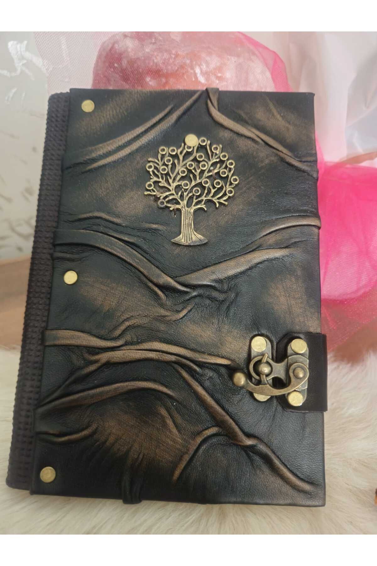Legend Hakiki Deri DOĞAÇLAMA ZAMAK DÖKÜM AĞAÇ FİGÜRLÜ efektli El Yapımı Defter