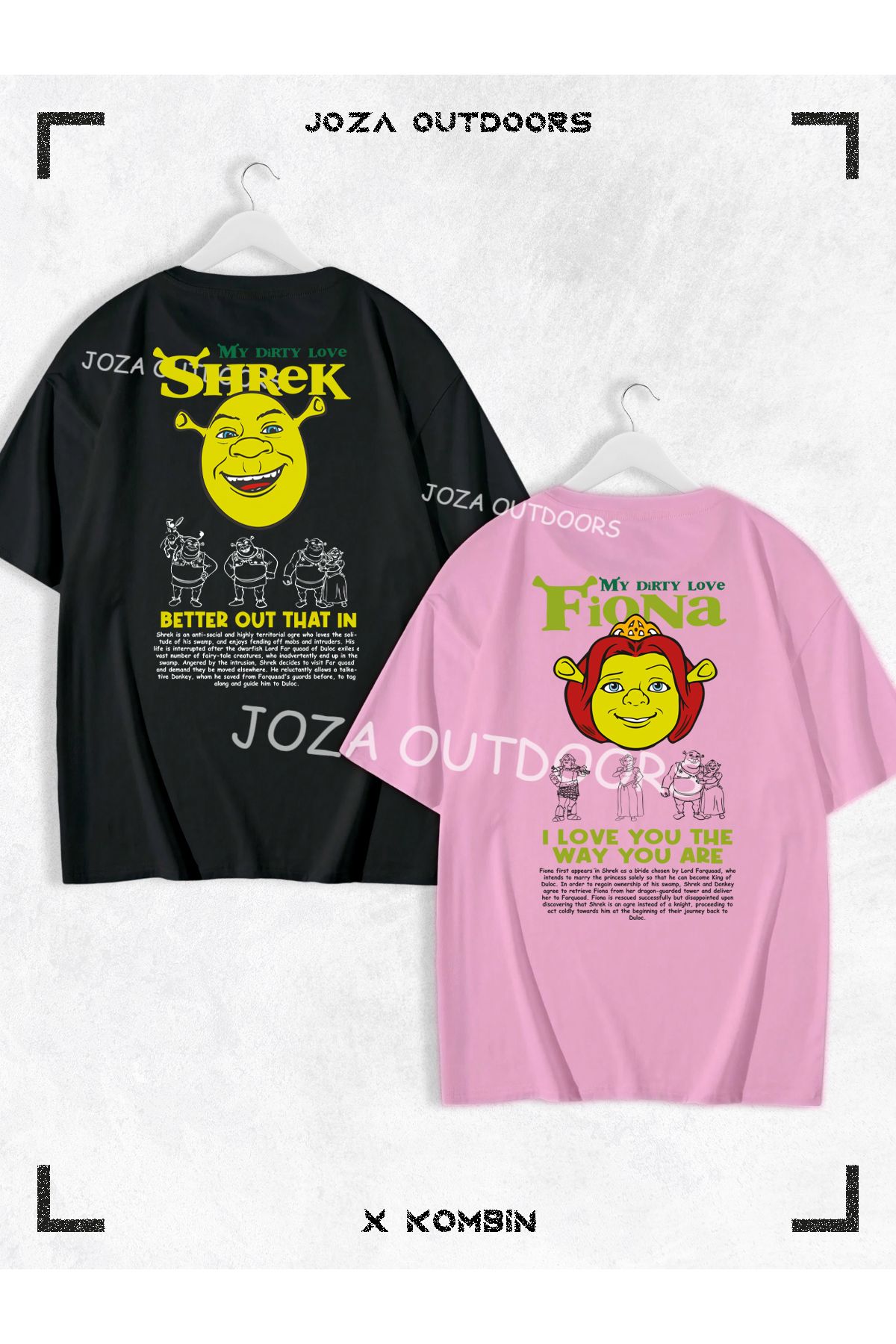 Joza Outdoors Kadın Erkek Shrek Fiona Yazılı SIRT Baskılı Sevgili Çift Kombini Oversize Tshirt 2'li Takım