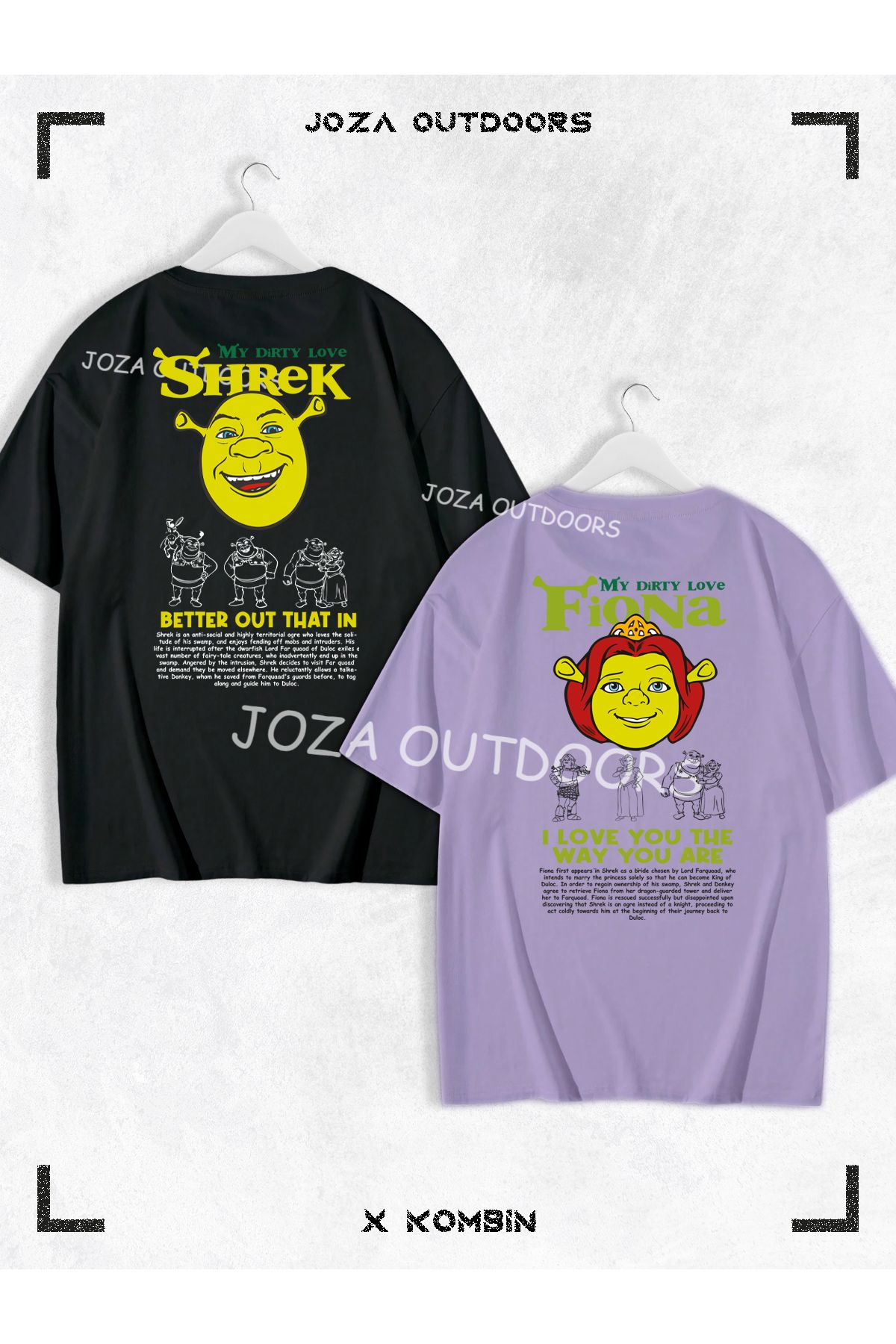 Joza Outdoors Kadın Erkek Shrek Fiona Yazılı SIRT Baskılı Sevgili Çift Kombini Oversize Tshirt 2'li Takım
