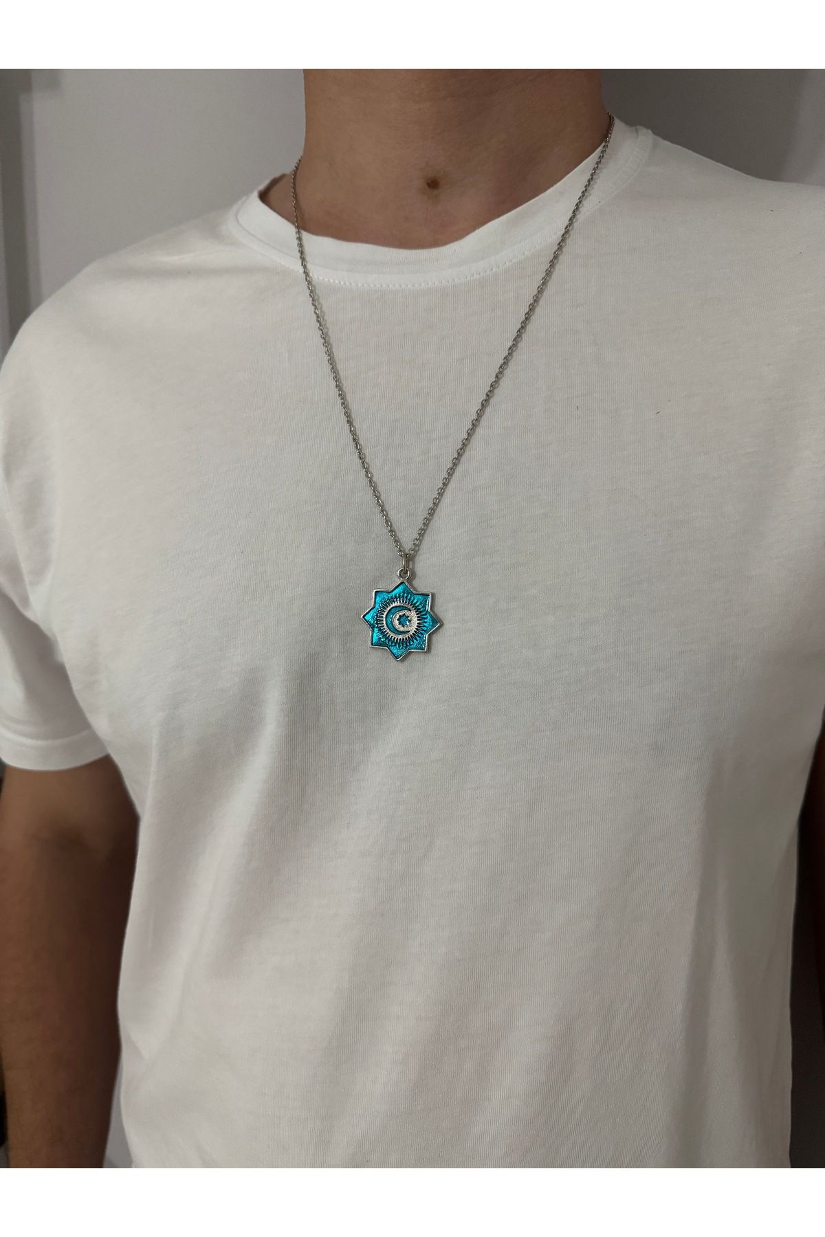 sielta Turkuaz Bozkurt Ay Yıldız Unisex Zincirli Kolye