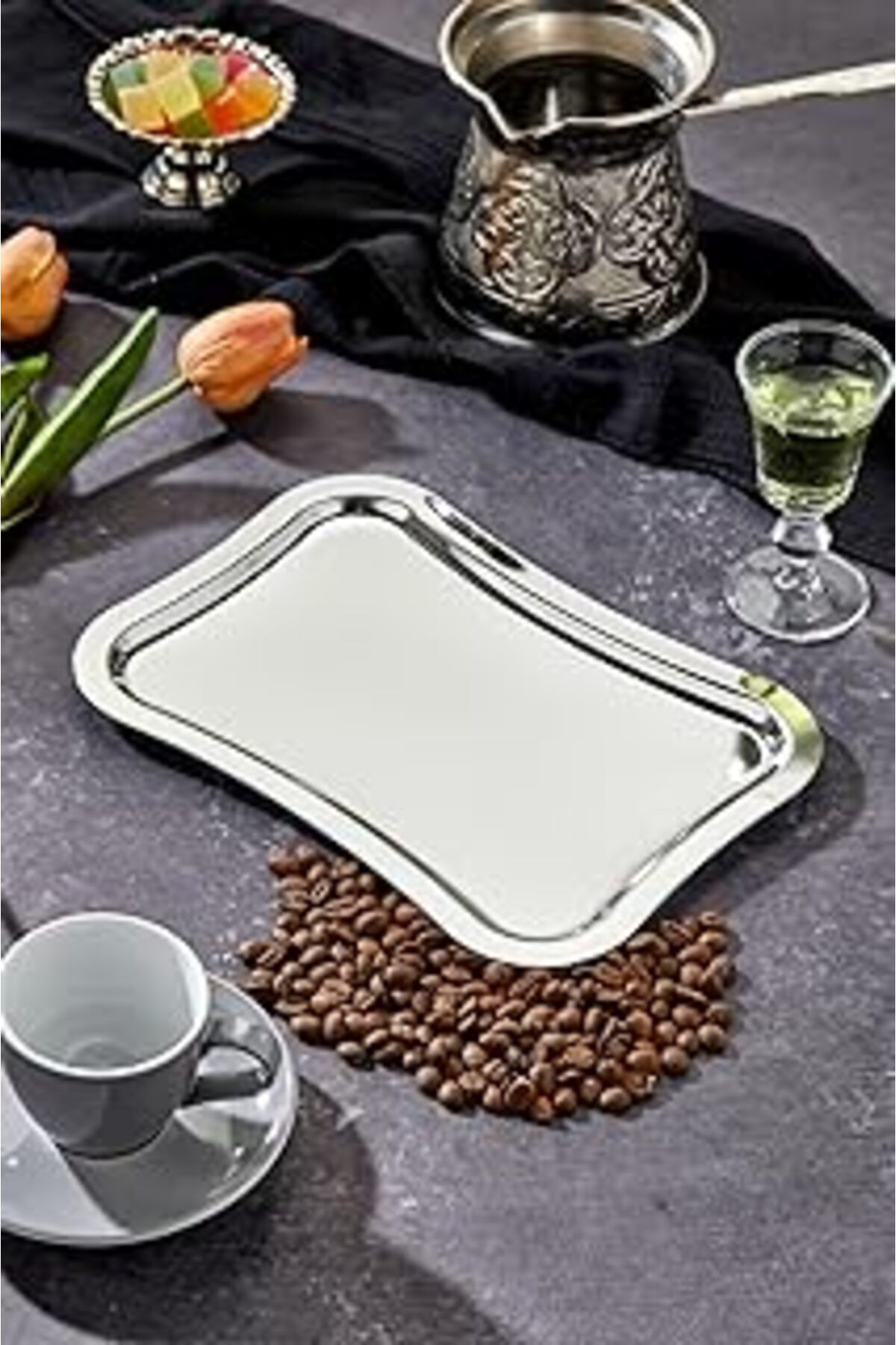 ASİTAN Mayaglory Elegante Serisi Krom Sunum Tepsisi, Söz Nişan Tepsisi, 24Cm, Avangart Dizayn, Tek Adet
