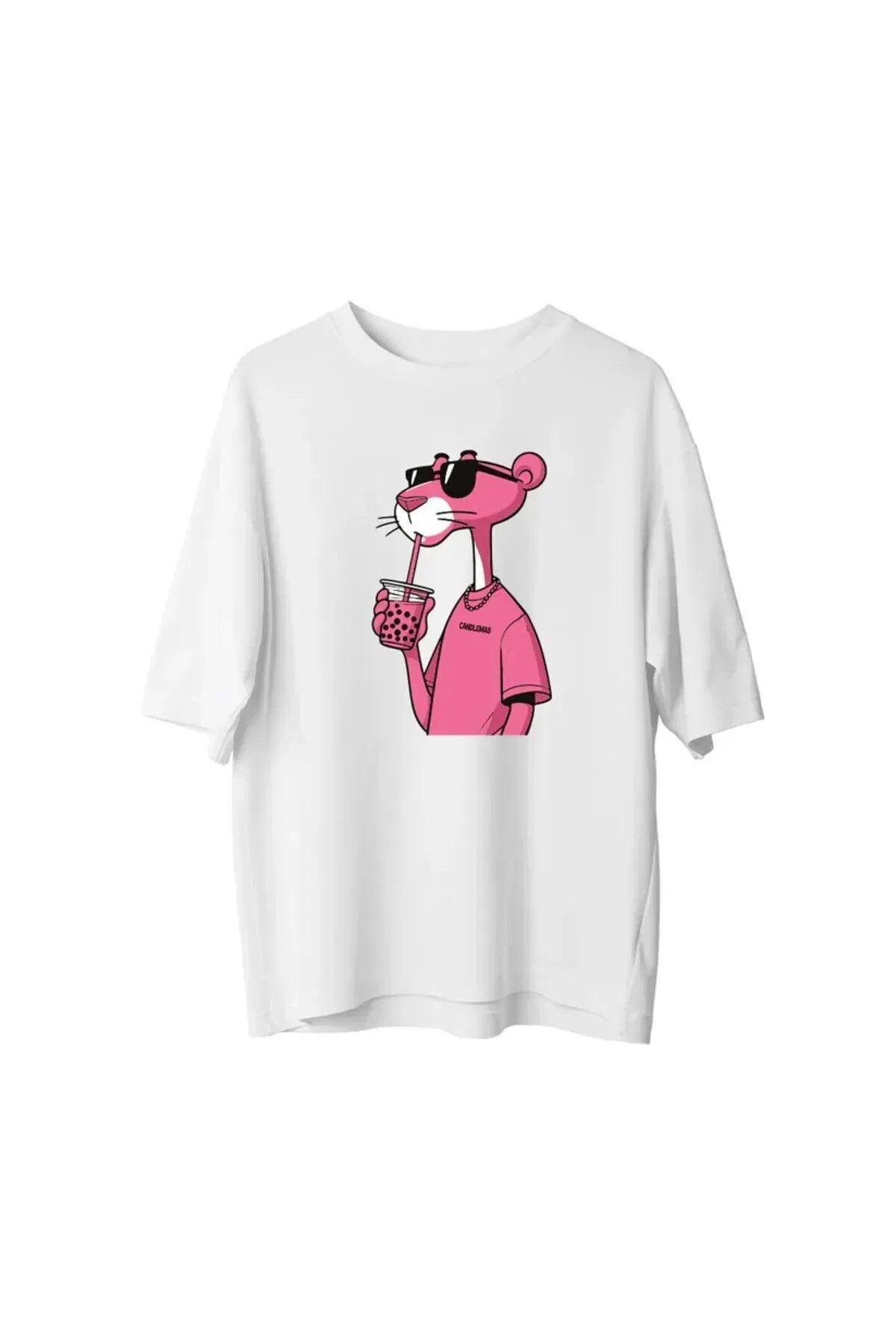 DEEFWEAR Pink Panter Detaylı Baskılı Beyaz Günlük Rahat ve Sezonluk T-Shirt