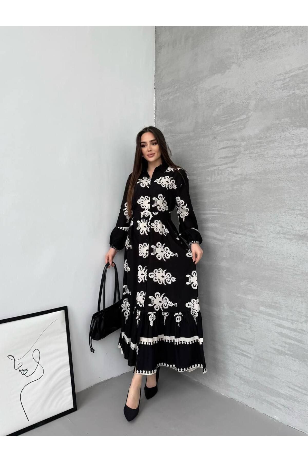 moda paketi Kadın Desenli Viscon Kemerli Tesetür Elbise