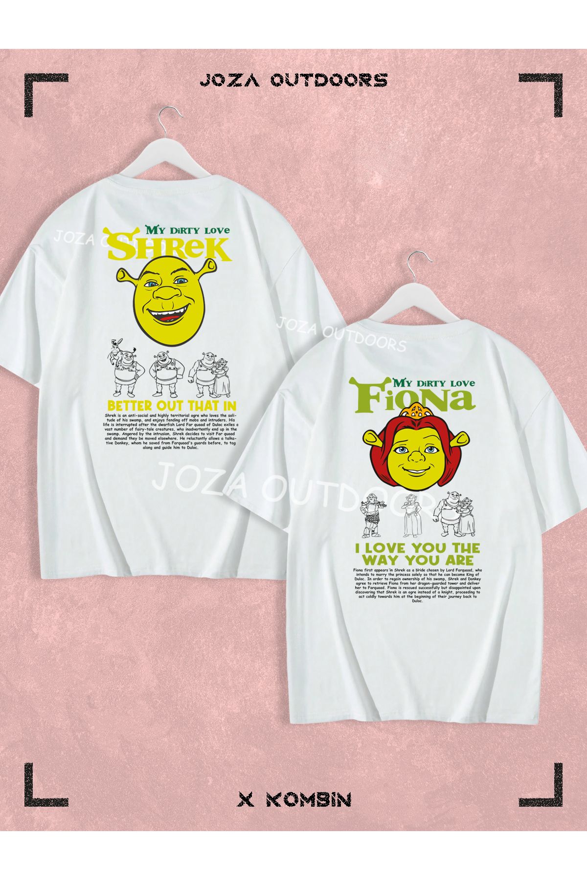 Joza Outdoors Kadın Erkek Shrek Fiona Yazılı SIRT Baskılı Sevgili Çift Kombini Oversize Tshirt 2'li Takım