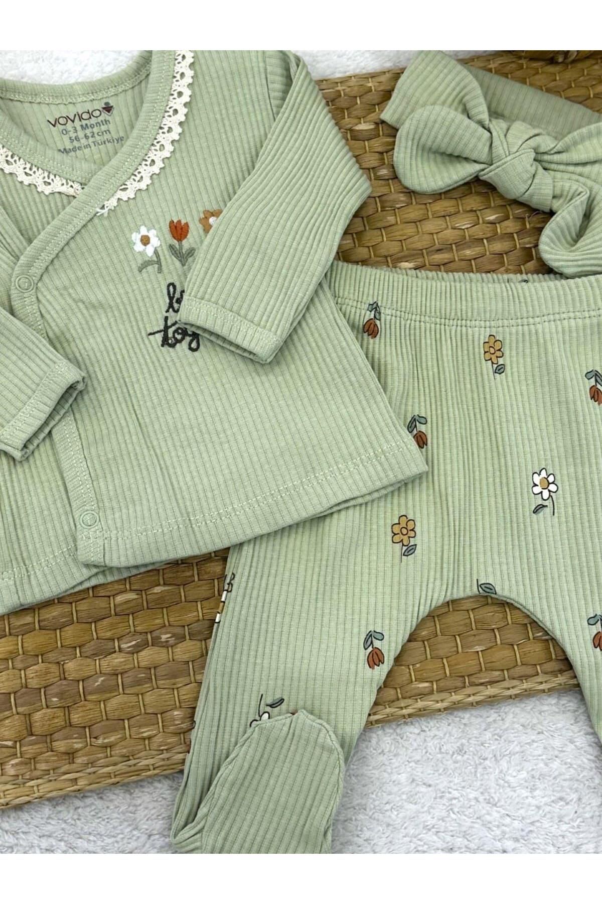 Store Nakışlı Yaka Dantelli Yenidoğan Kız Bebek Natural 3lü Zıbın Set