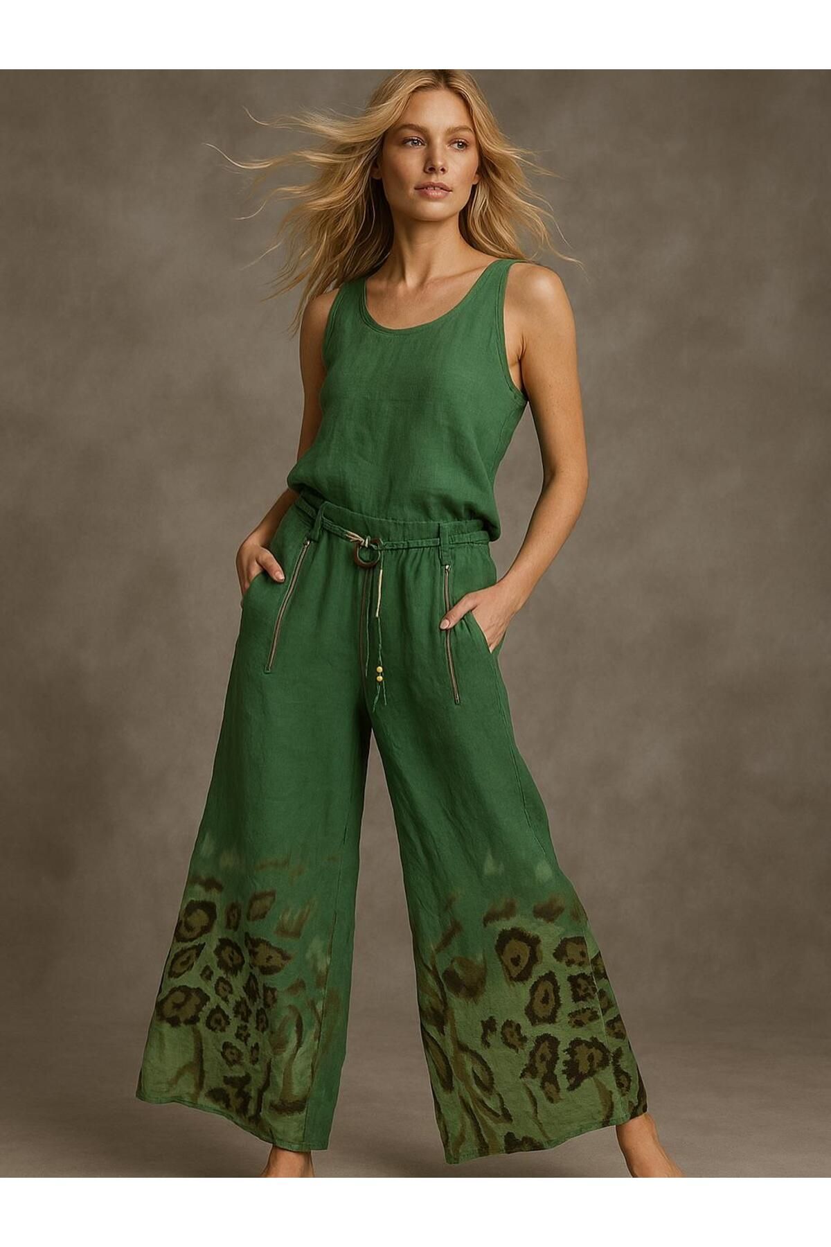 Butik İtalyan Leopar Desenli Keten Pantolon - YEŞİL