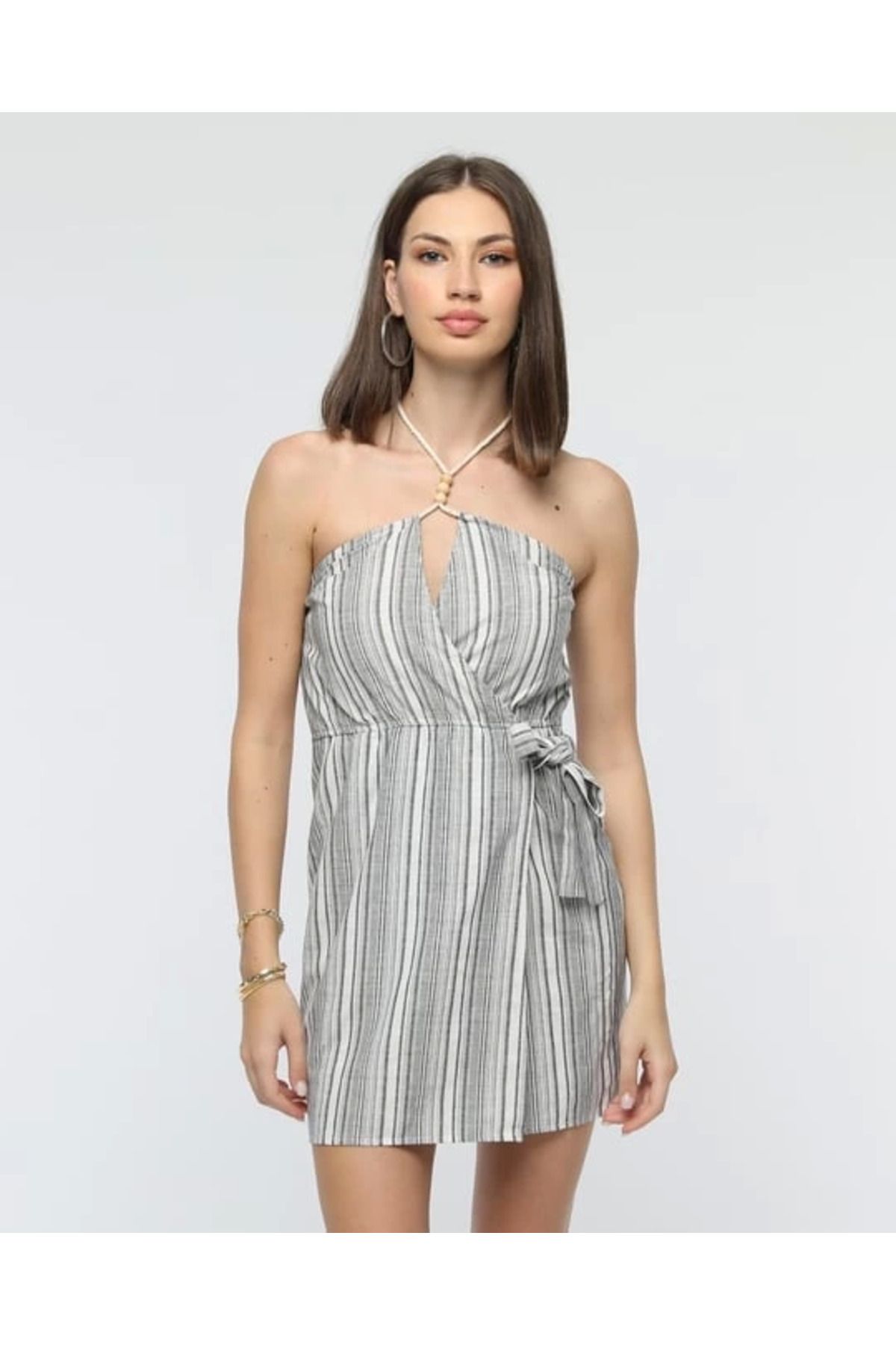 ETİLER COLLECTION Kuşaklı çizgili mini keten elbise