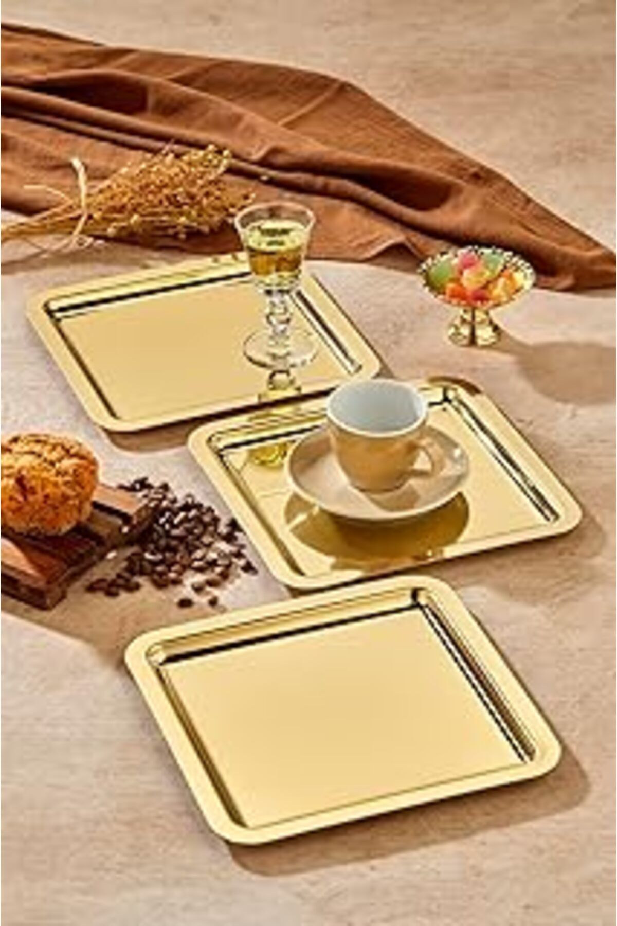 ASİTAN Mayaglory Royal Gold Serisi Gold Sunum Tepsisi, Söz Nişan Tepsisi, 24Cm, Avangart Dizayn, 3 Adet