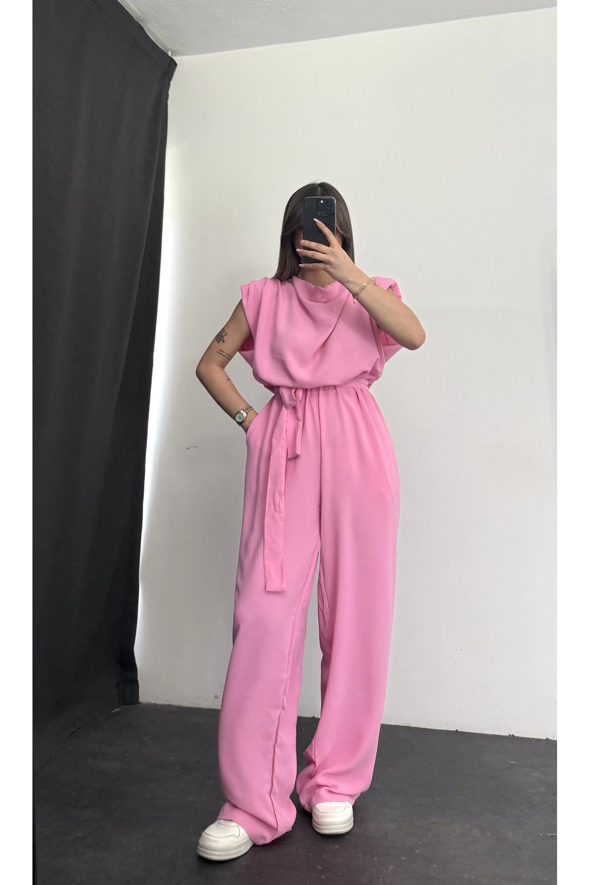 nona butik Vatkalı Crep Tulum - Pembe