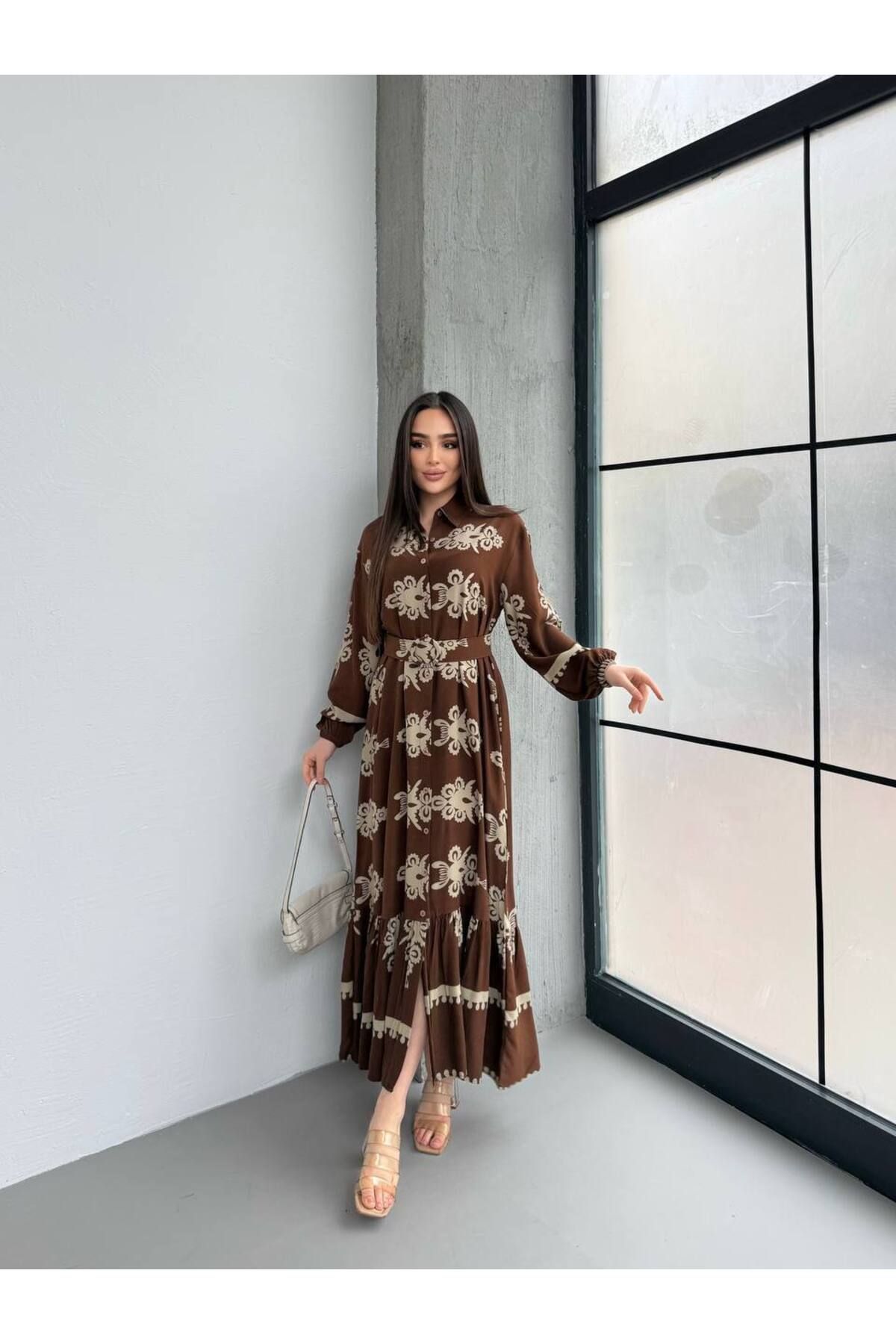 moda paketi Kadın Desenli Viscon Kemerli Tesetür Elbise