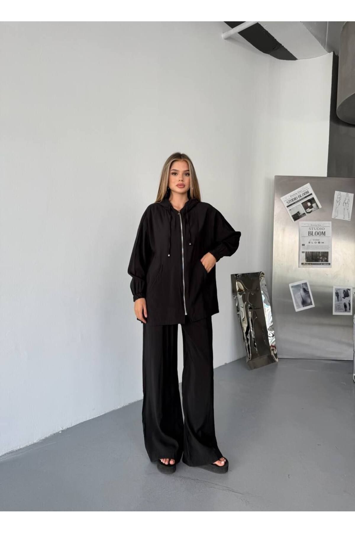 Ahsenbutik Kadın Fermuarlı Kapüşonlu Salaş Model Yazlık Takım